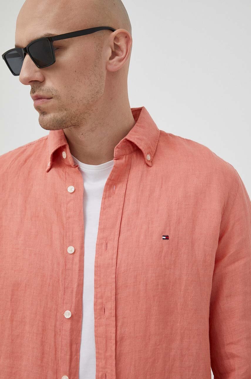 

Сорочка з льону Tommy Hilfiger колір рожевий regular комір button-down