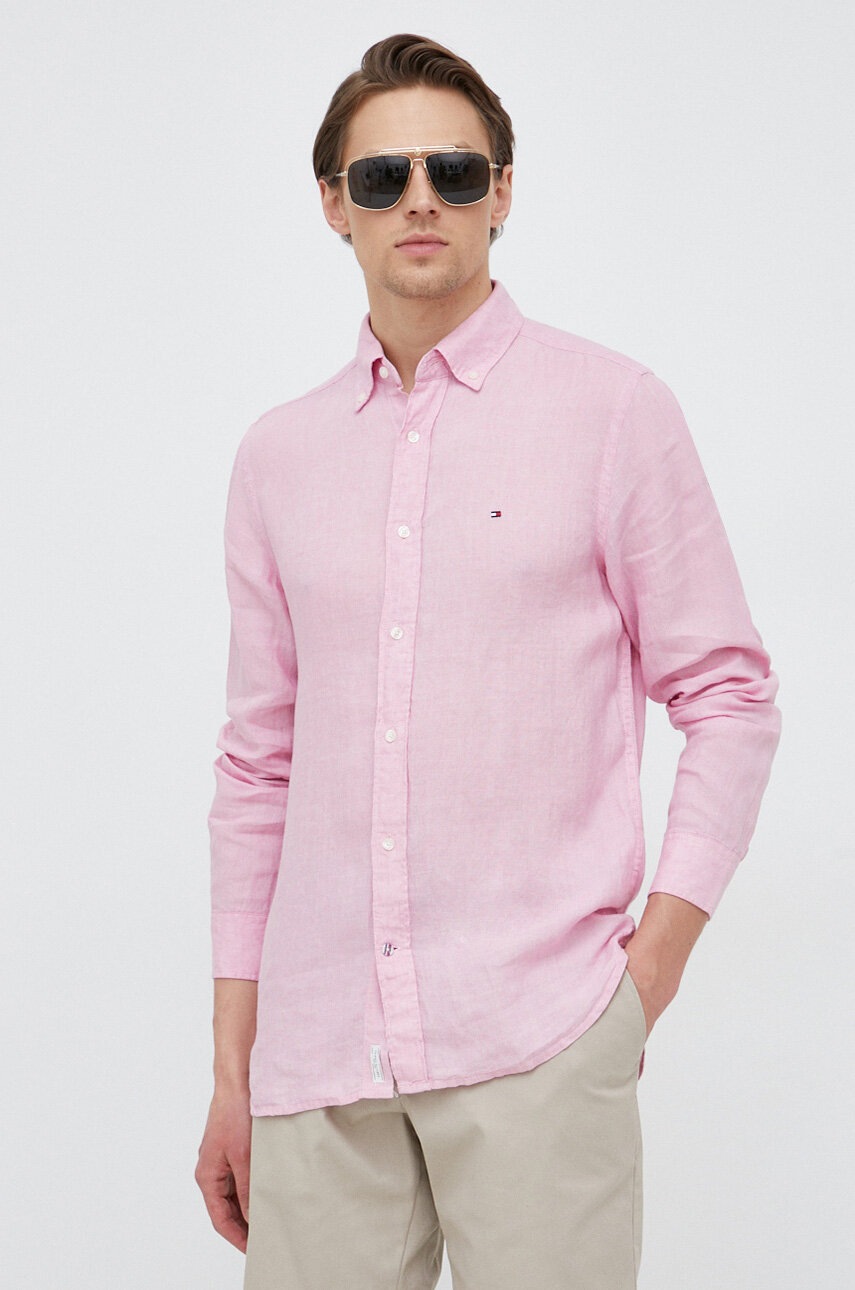 

Сорочка з льону Tommy Hilfiger колір рожевий regular комір button-down