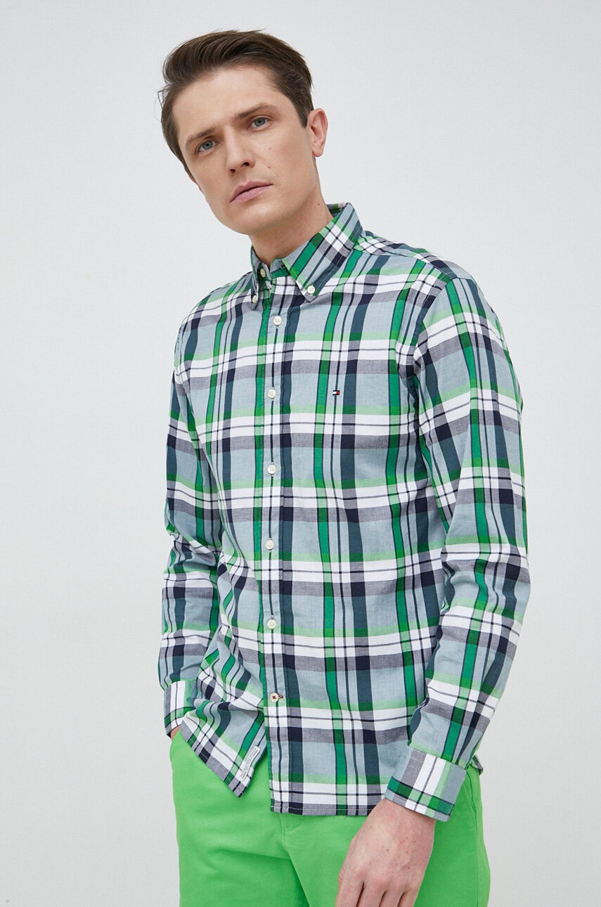 

Хлопковая рубашка Tommy Hilfiger мужская цвет зелёный regular воротник button-down