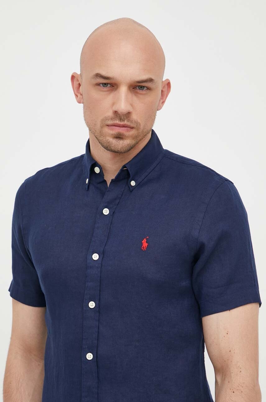 Plátěná košile Polo Ralph Lauren tmavomodrá barva, slim, s límečkem button-down - námořnická modř - 