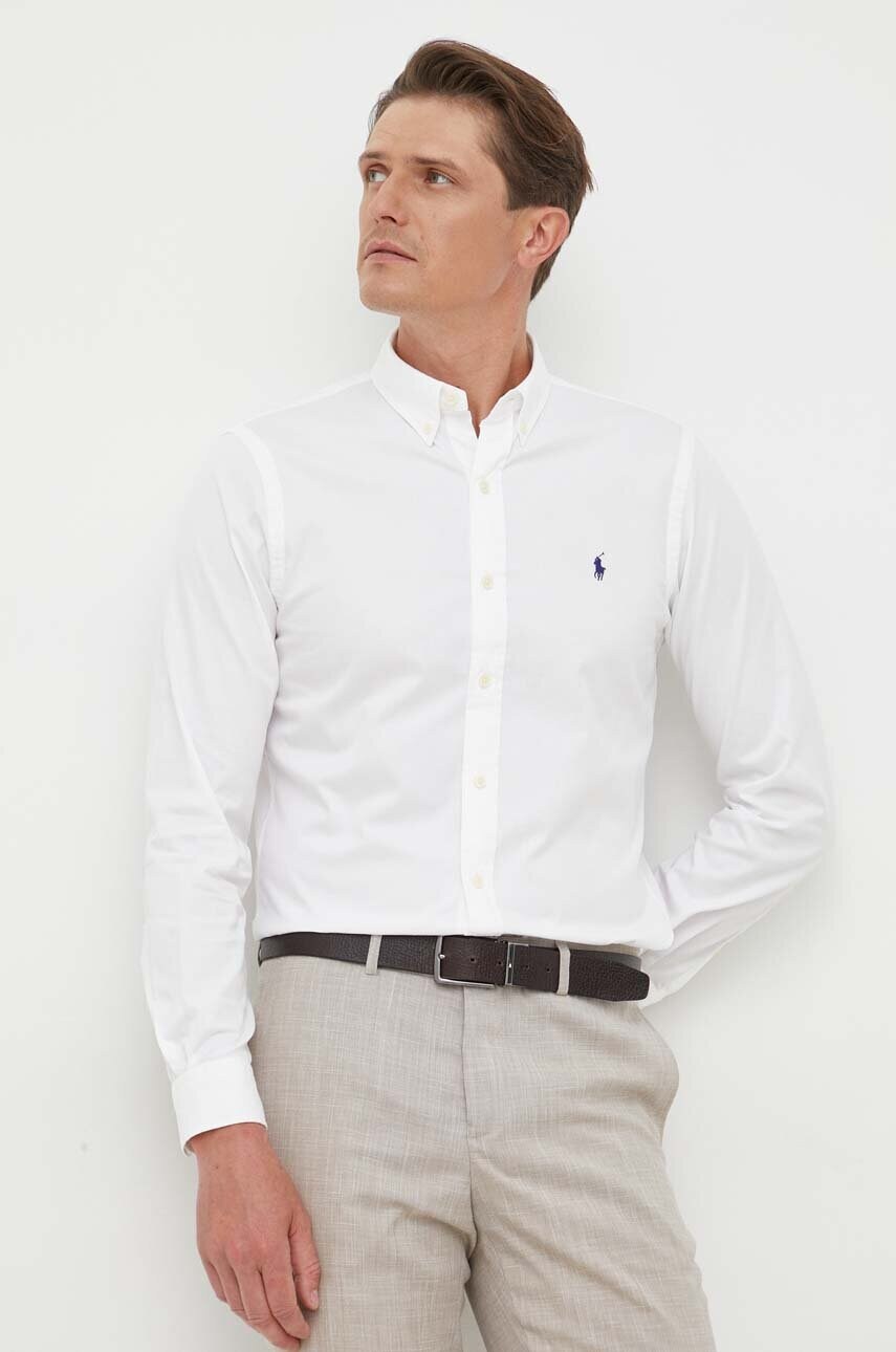 

Хлопковая рубашка Polo Ralph Lauren мужская цвет белый slim воротник button-down