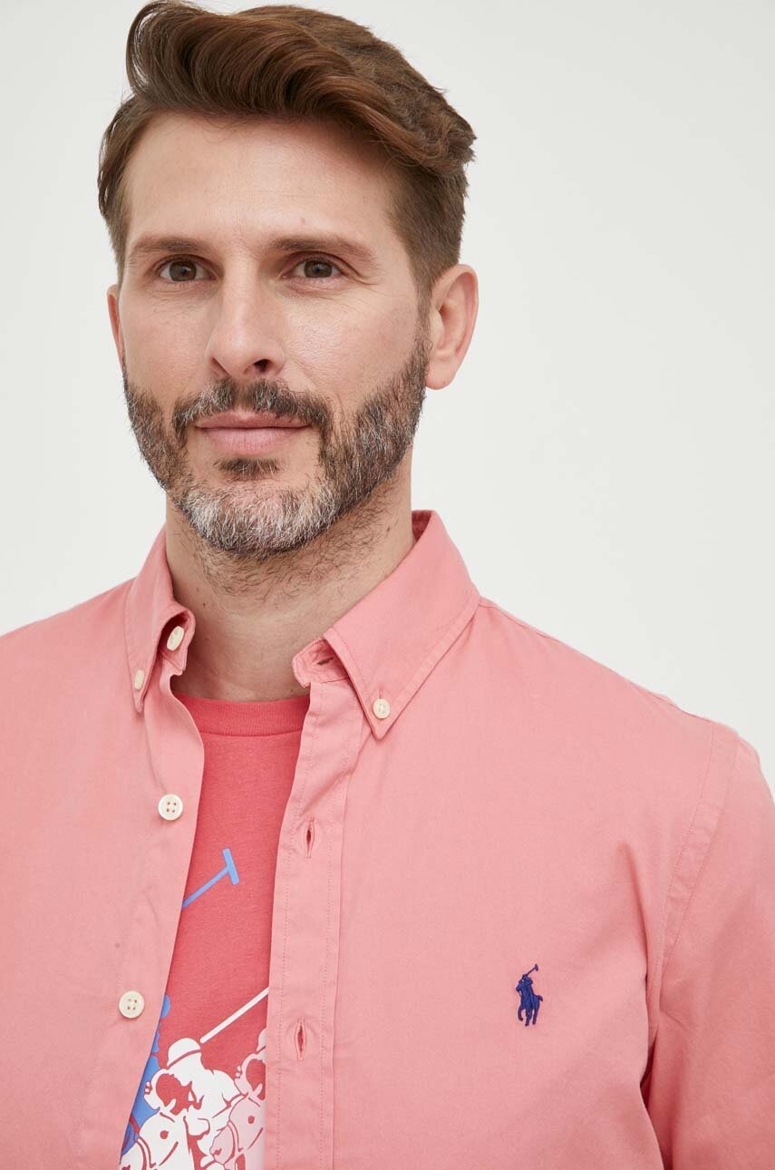 

Хлопковая рубашка Polo Ralph Lauren мужская цвет розовый slim воротник button-down