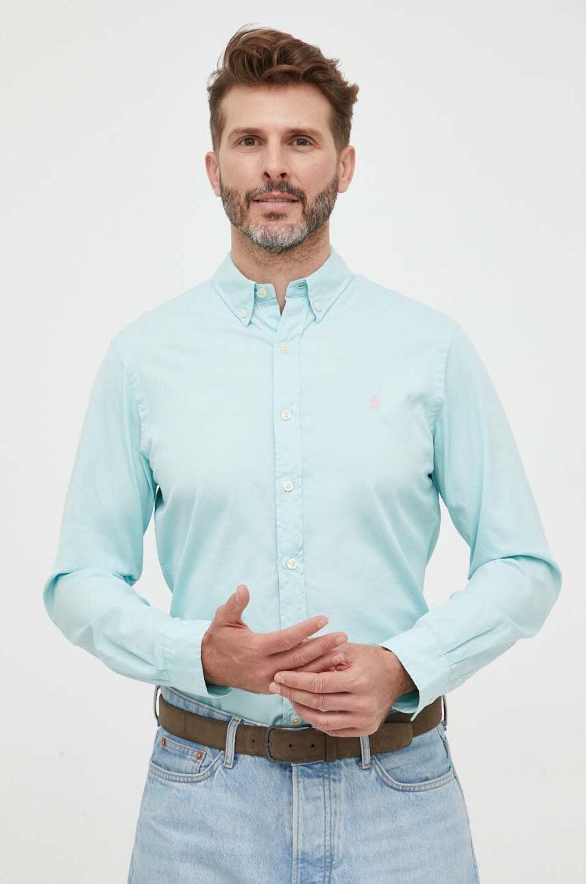 Bavlnená košeľa Polo Ralph Lauren pánska, tyrkysová farba, slim, s golierom button-down