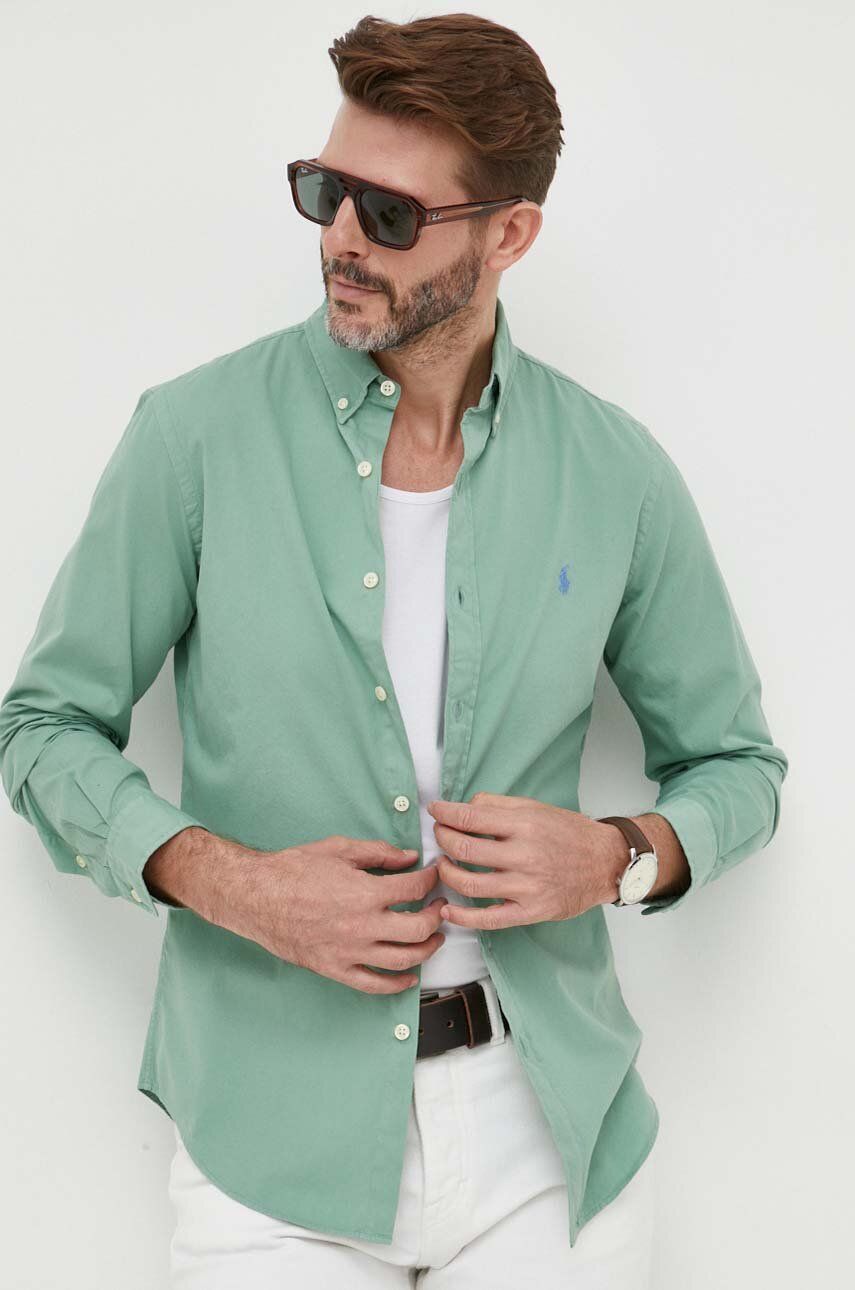 Košile Polo Ralph Lauren zelená barva, slim, s límečkem button-down - zelená -  100 % Bavlna