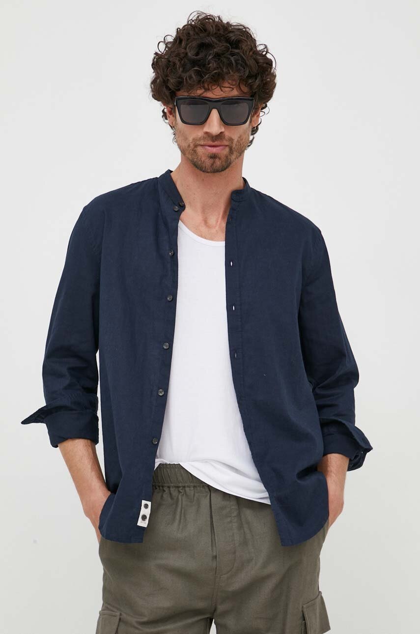 

Сорочка з льону Sisley колір синій regular зі стійкою