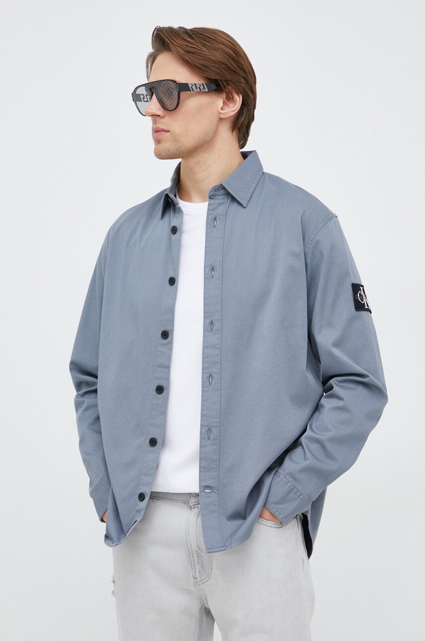 

Риза Calvin Klein Jeans мъжка в сиво със свободна кройка с класическа яка, Сив