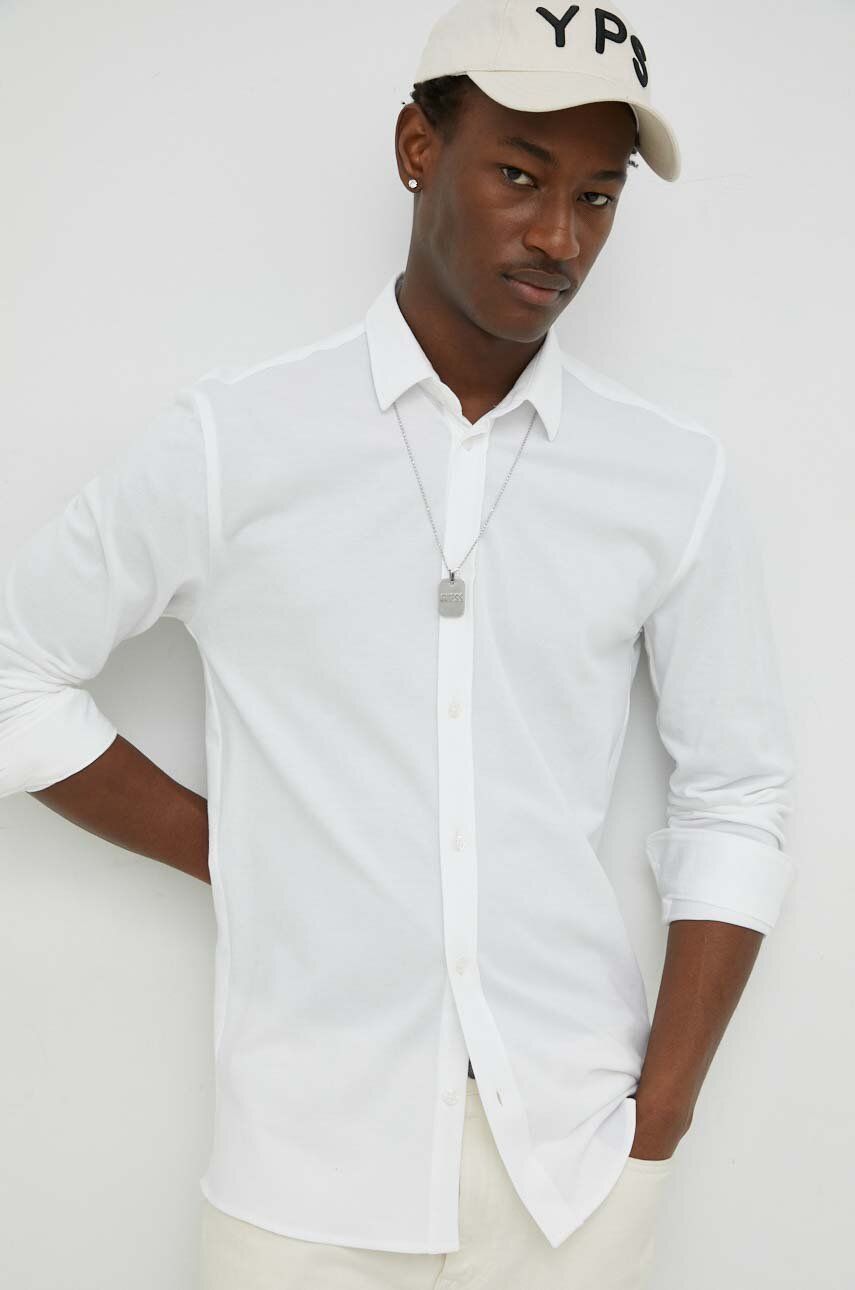 Bruuns Bazaar camasa din bumbac Pique Norman barbati, culoarea alb, cu guler clasic, regular