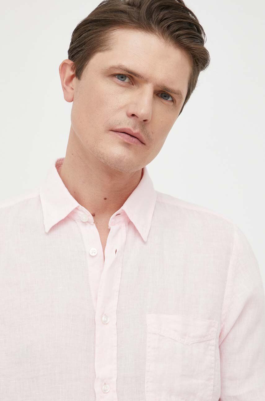 Levně Lněná košile BOSS BOSS ORANGE růžová barva, regular, s klasickým límcem