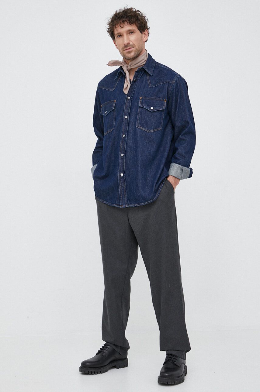 BOSS camasa jeans BOSS ORANGE barbati, culoarea albastru marin, cu guler clasic, regular