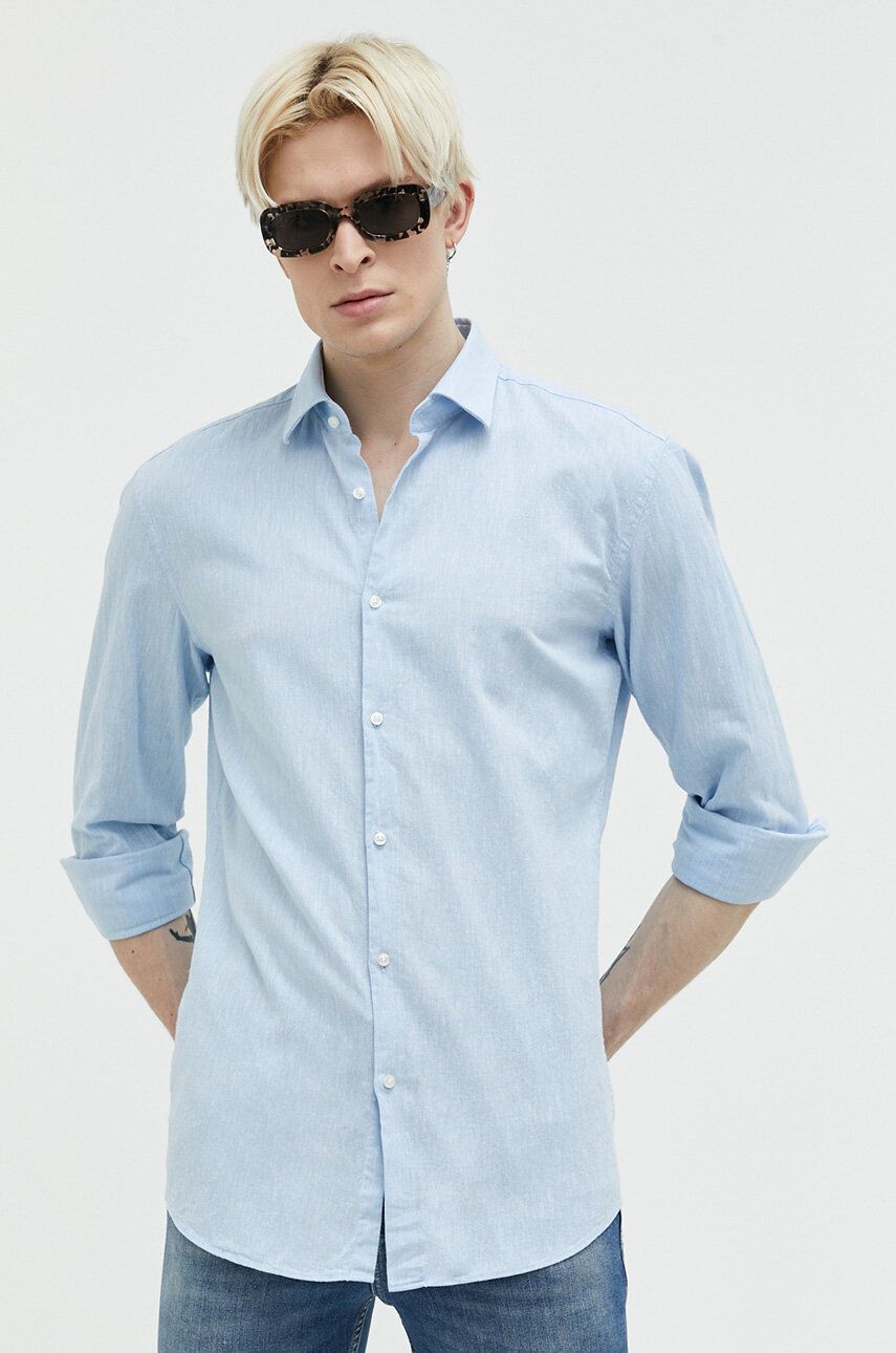 Košile HUGO pánská, regular, s italským límcem - modrá -  55 % Konopí