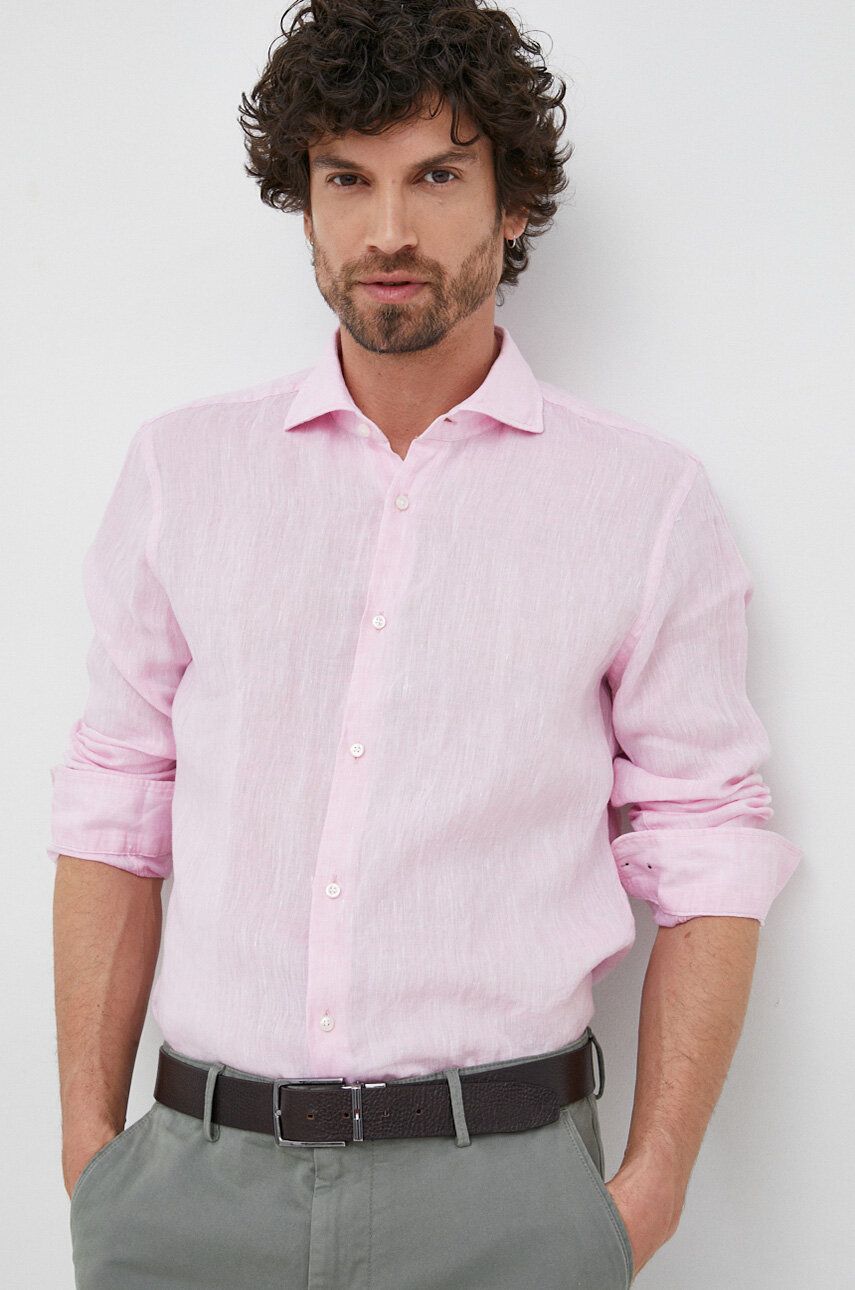 Plátěná košile Joop! růžová barva, slim, s italským límcem - růžová -  100 % Len