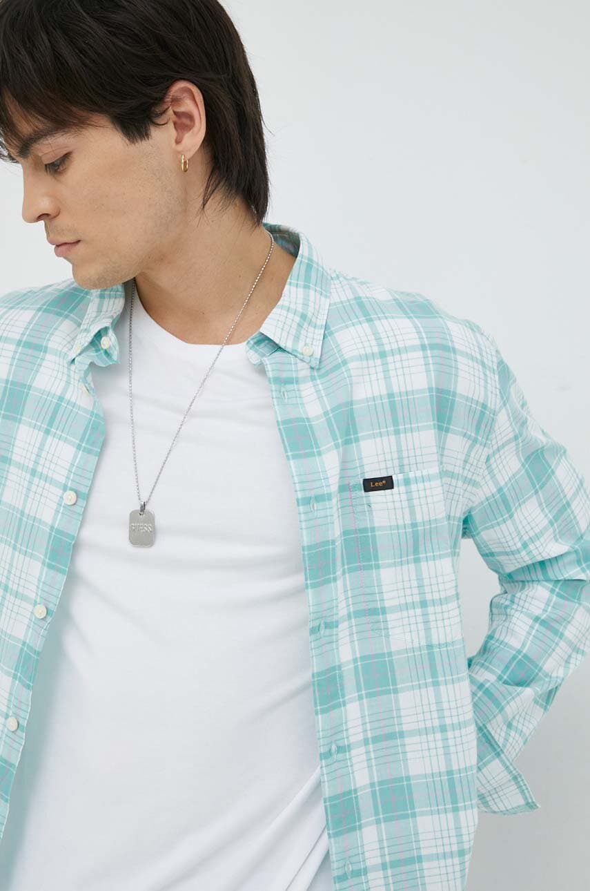Lee camasa din bumbac barbati, culoarea verde, cu guler button-down, regular