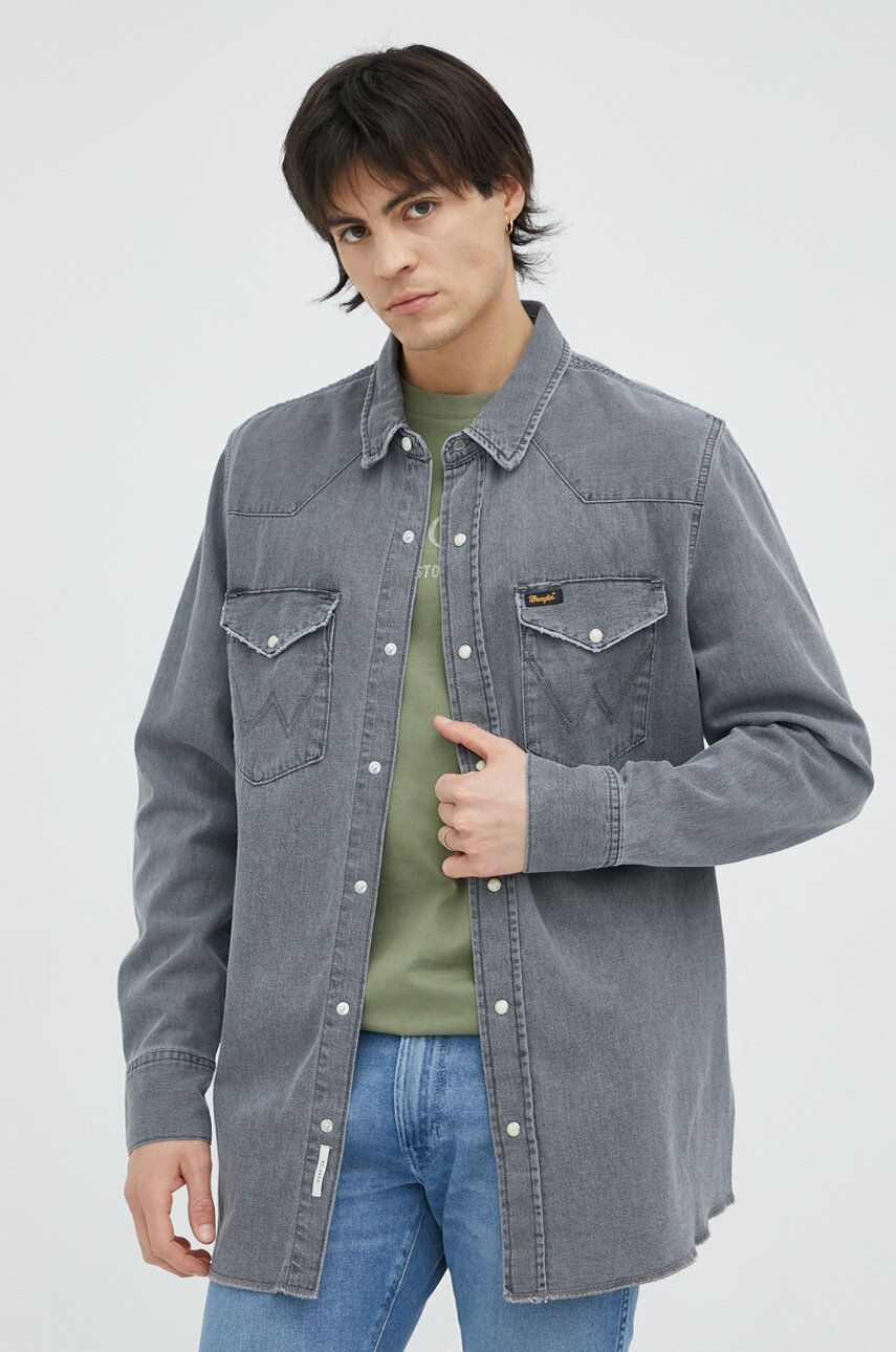 Wrangler camasa jeans barbati, culoarea gri, cu guler clasic, regular