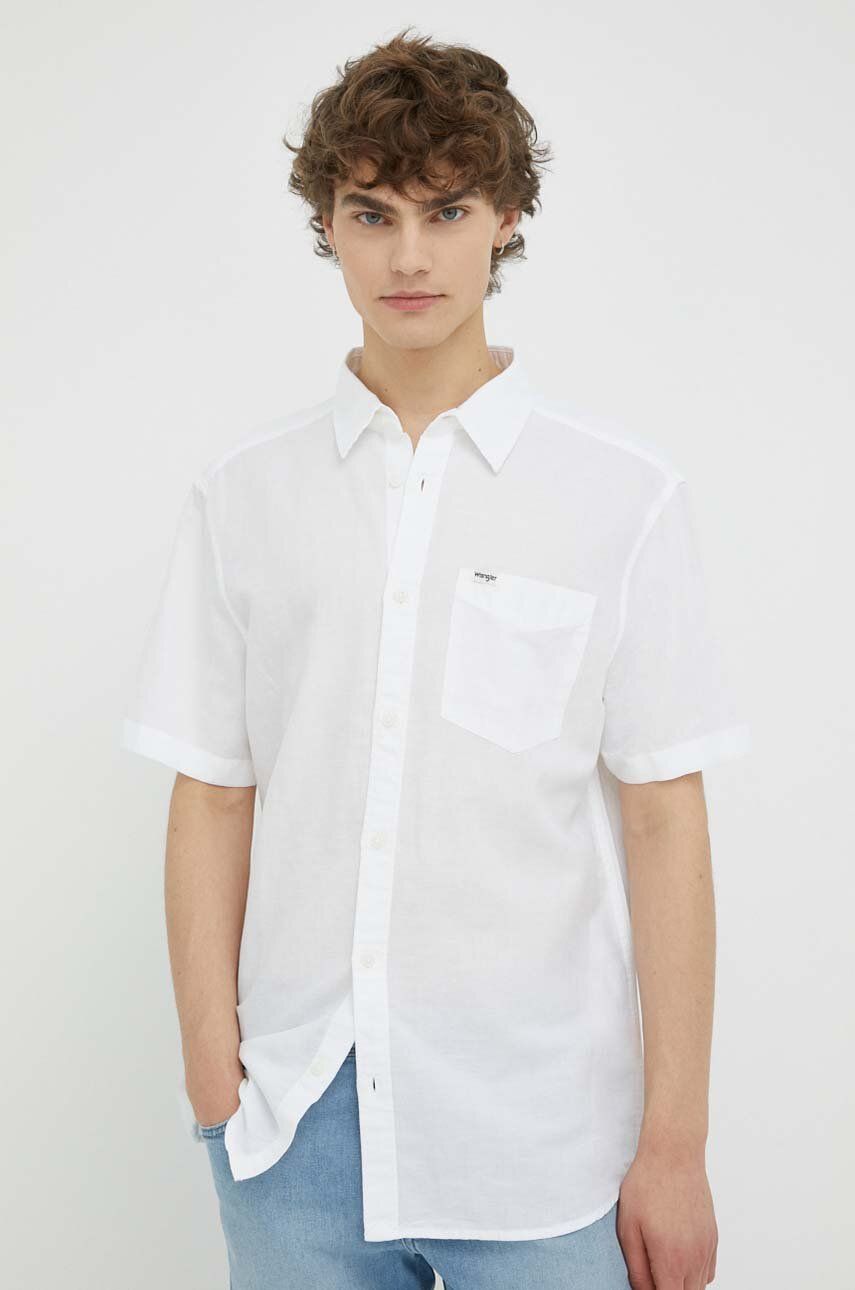 E-shop Plátěná košile Wrangler bílá barva, regular, s klasickým límcem