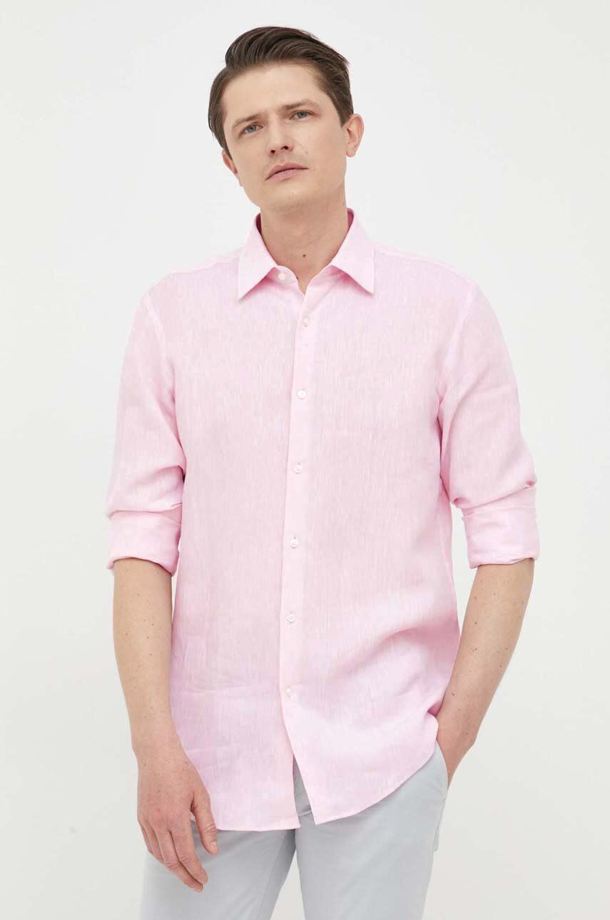Plátěná košile BOSS růžová barva, slim, s klasickým límcem - růžová -  100 % Len