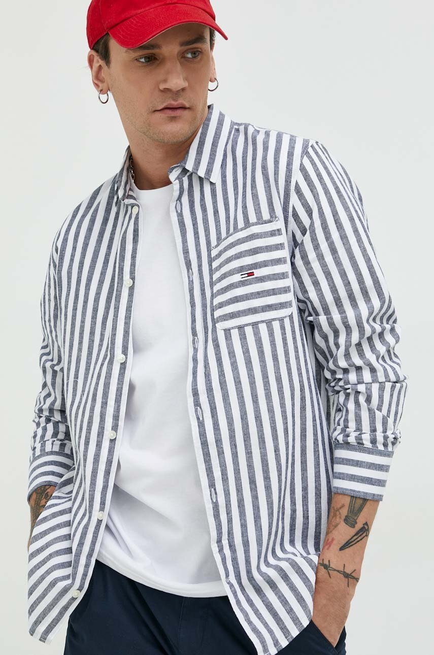 

Сорочка з домішкою льону Tommy Jeans чоловіча колір синій regular класичний комір