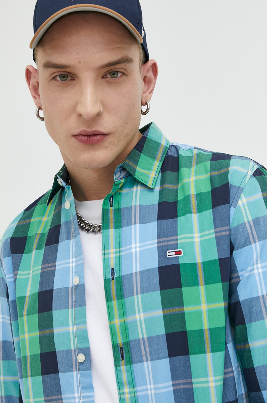 

Хлопковая рубашка Tommy Jeans мужская цвет зелёный regular классический воротник