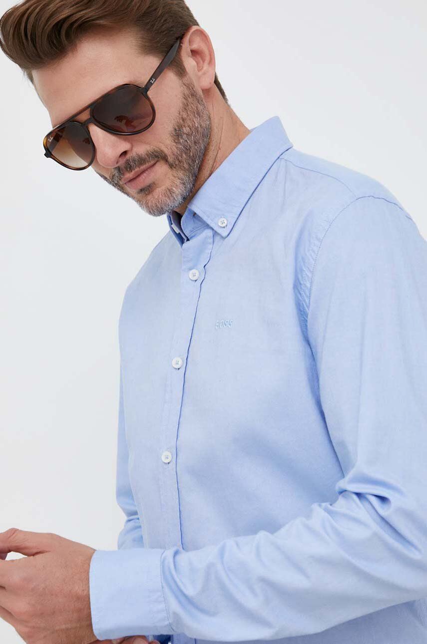 Bavlněná košile BOSS regular, s límečkem button-down - modrá -  100 % Bavlna