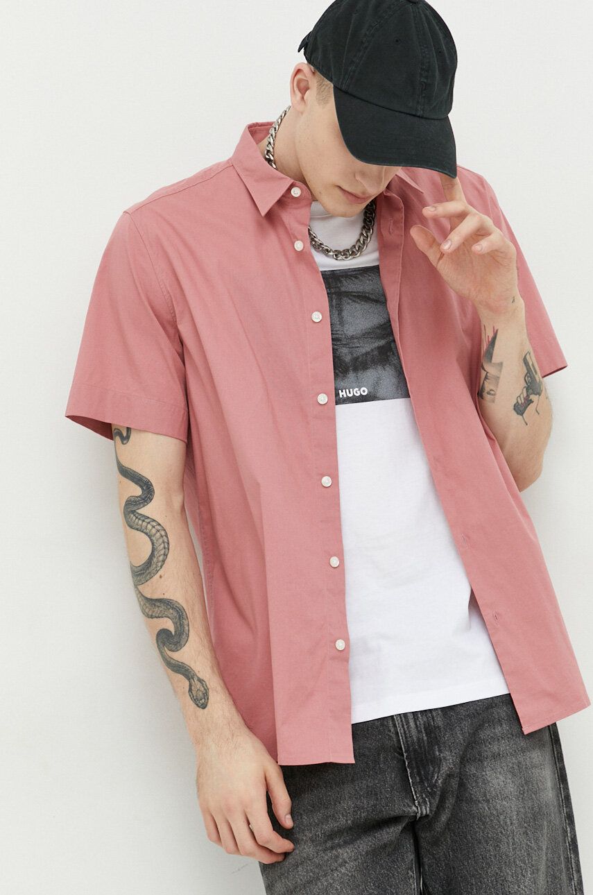 Levně Košile HUGO pánská, růžová barva, regular, s klasickým límcem