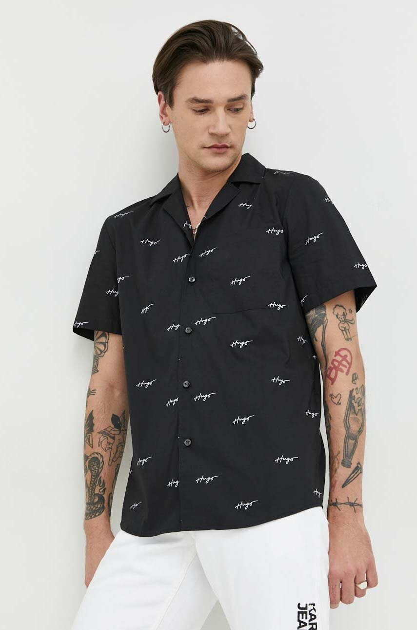 Hugo camasa din bumbac barbati, culoarea negru, regular