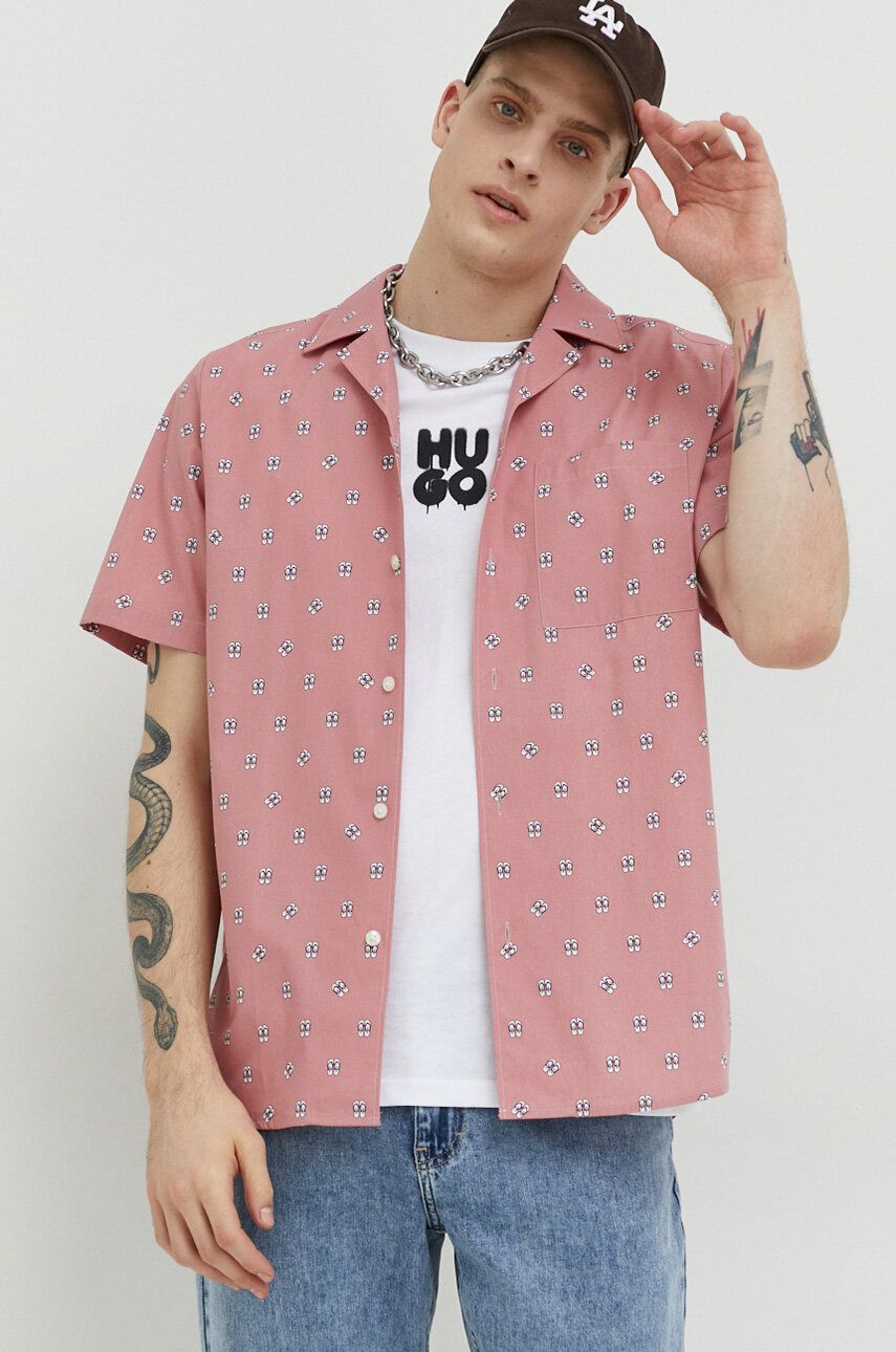 Βαμβακερό πουκάμισο HUGO ανδρικό, χρώμα: ροζ