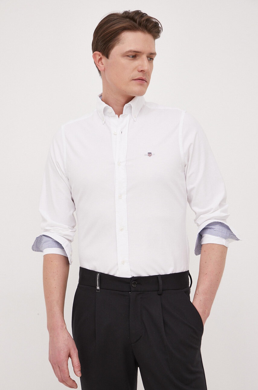 

Хлопковая рубашка Gant мужская цвет белый slim воротник button-down