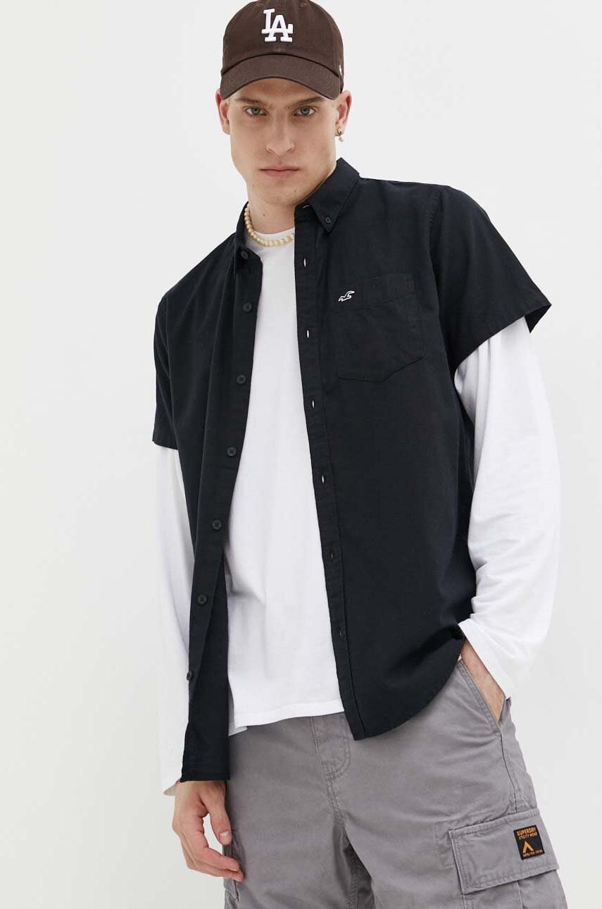 Hollister co. camasa barbati, culoarea negru, cu guler button-down, regular
