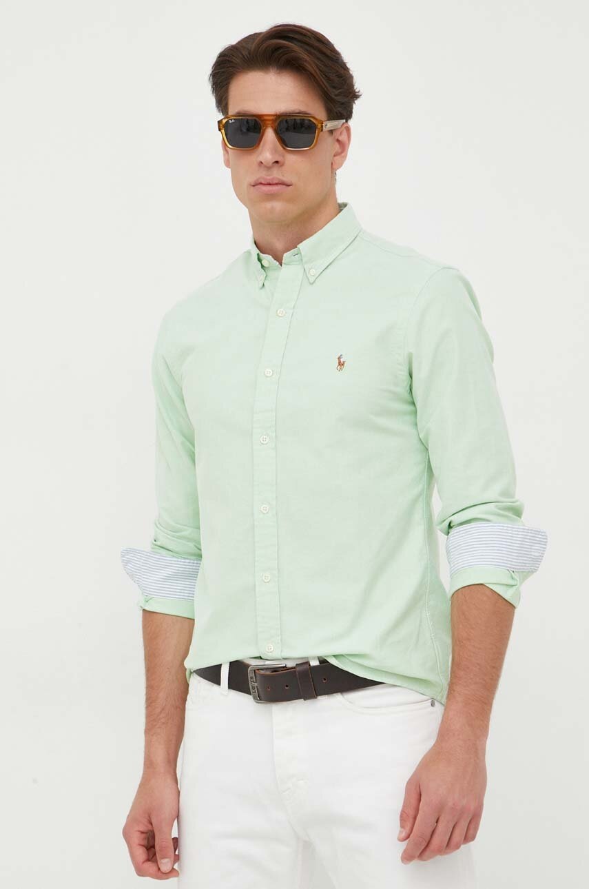 

Хлопковая рубашка Polo Ralph Lauren мужская цвет зелёный regular воротник button-down