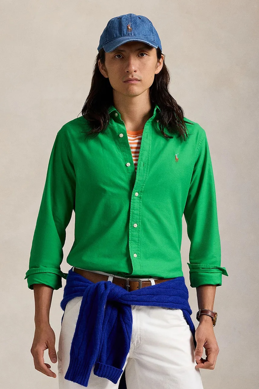 Levně Bavlněná košile Polo Ralph Lauren zelená barva, regular, s límečkem button-down