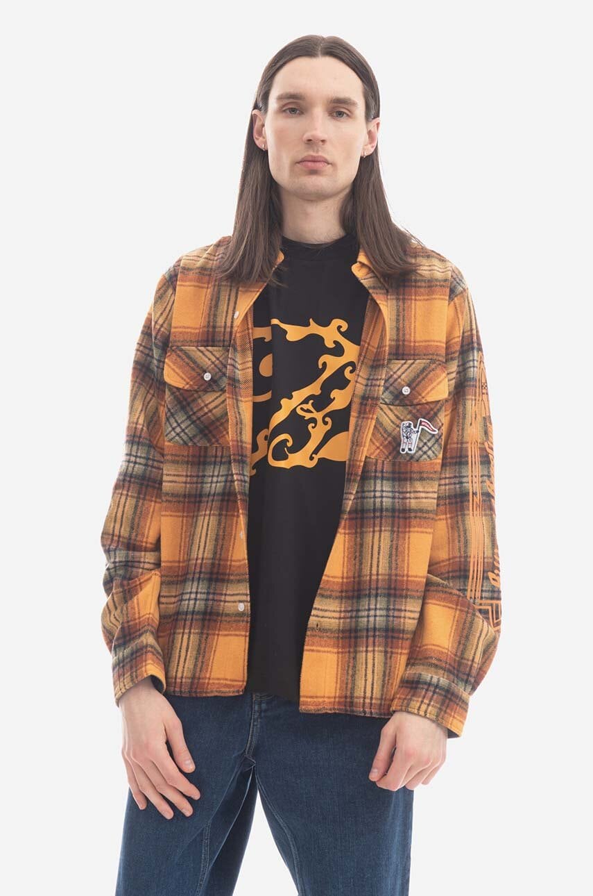 Billionaire Boys Club cămașă din lână Check Shirt culoarea portocaliu, cu guler clasic, regular B22417-ORANGE Billionaire Boys Club cămașă din lână Check Shirt culoarea portocaliu, cu guler clasic, regular B22417-ORANGE