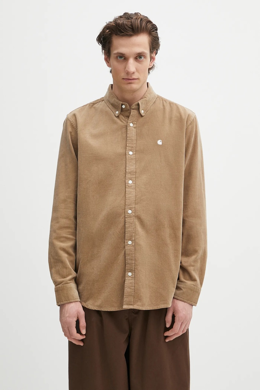 Manšestrová košile Carhartt WIP L/S Madison Fine Cord Shirt pánská, zelená barva, regular, s límečkem button-down, I030580.1OYXX