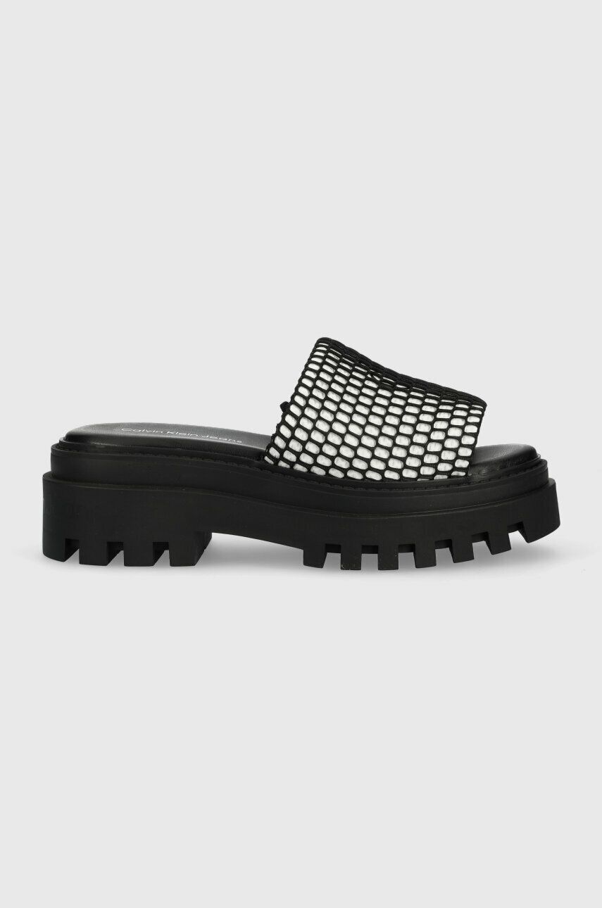 Pantofle Calvin Klein Jeans TOOTHY COMBAT SANDAL OVER MESH dámské, černá barva, na platformě, YW0YW0