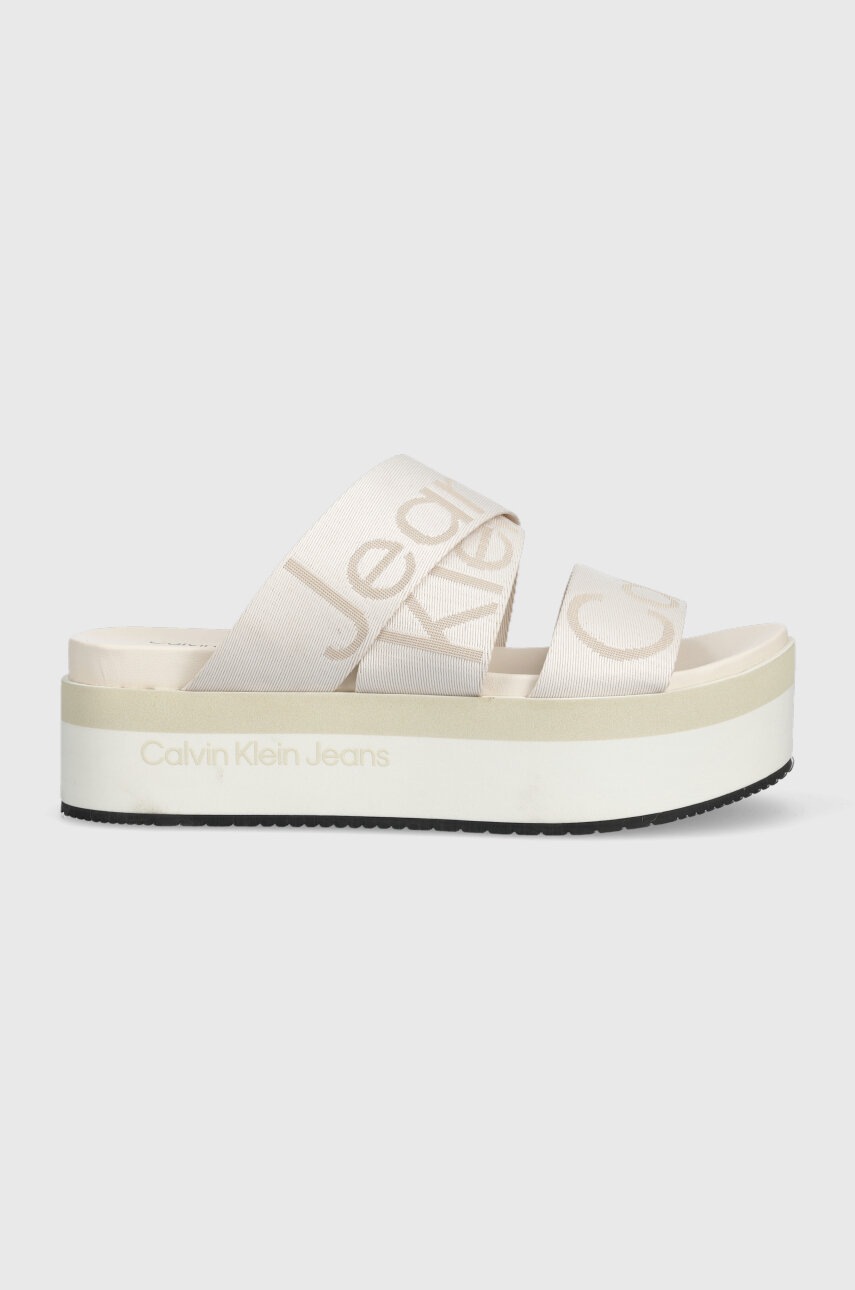 

Чехли Calvin Klein Jeans FLATFORM SANDAL WEBBING в бежово с платформа YW0YW00966, Бежов