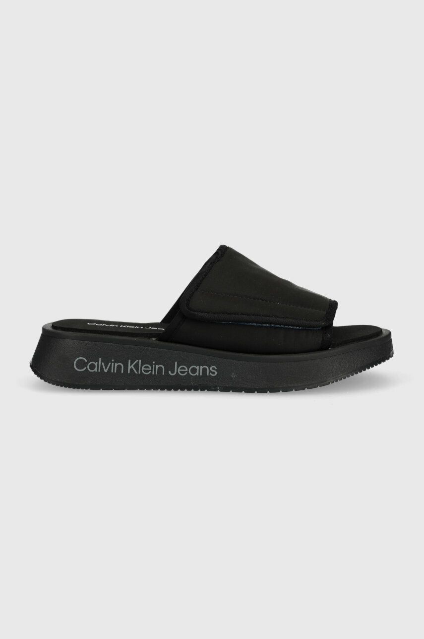 Pantofle Calvin Klein Jeans PREFRESATO SANDAL SOFTNY dámské, černá barva, na platformě, YW0YW00968 -