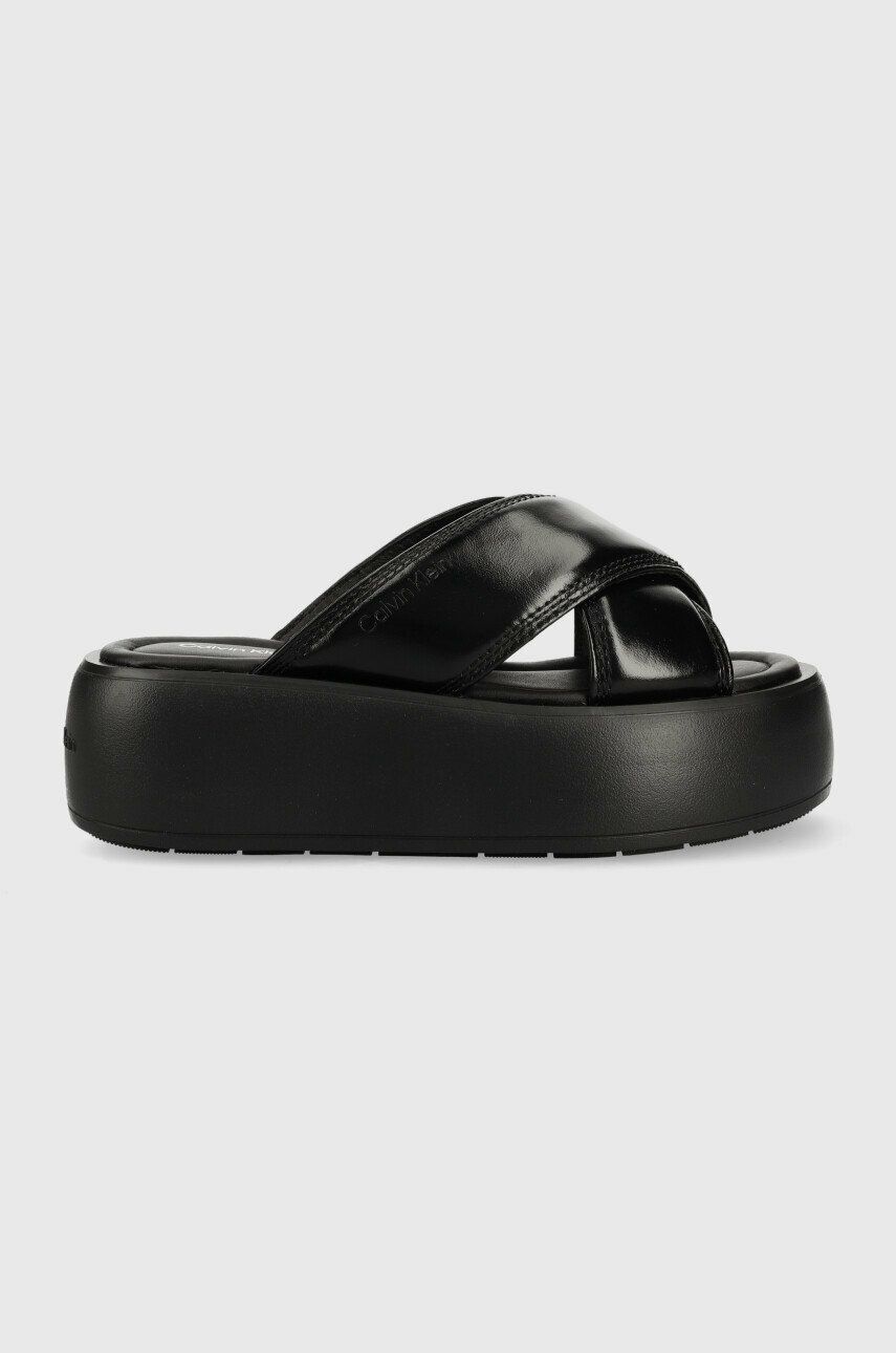 Kožené pantofle Calvin Klein BUBBLE SLIDE - PAT dámské, černá barva, na platformě, HW0HW01469 - čern
