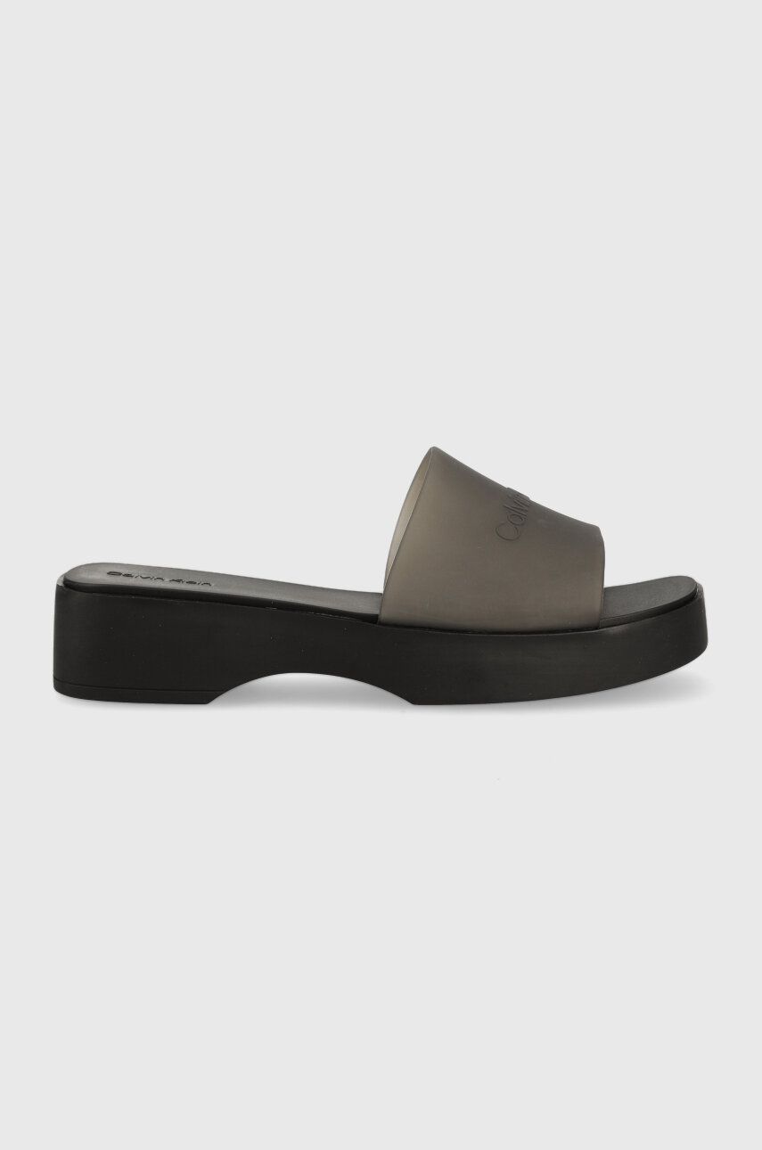Pantofle Calvin Klein WEDGE SLIDE - TRANSP dámské, černá barva, na platformě, HW0HW01514 - černá - 