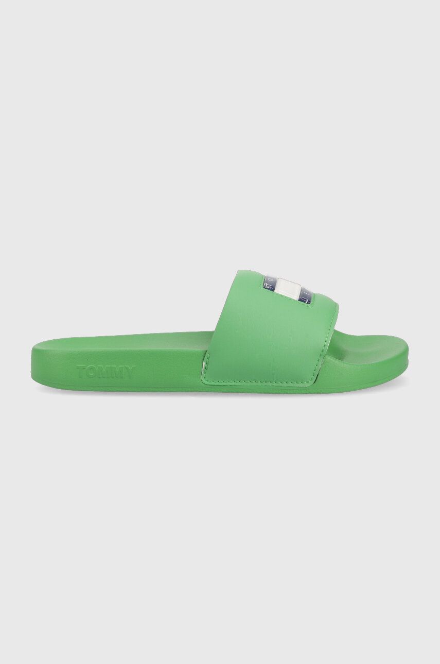 Pantofle Tommy Jeans FLAG PRINT POOL SLD dámské, zelená barva, EN0EN02108 - zelená -  Svršek: U