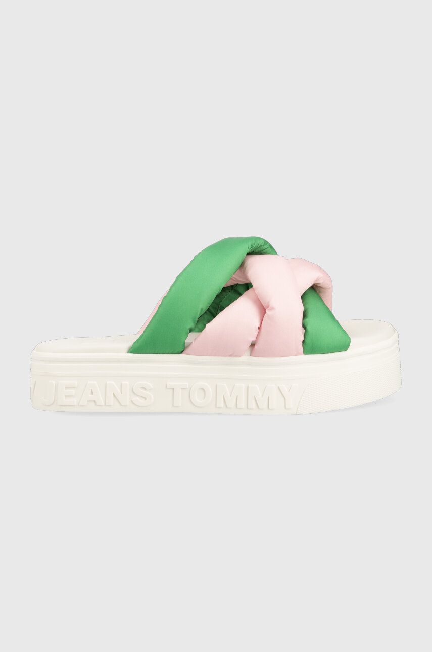 Pantofle Tommy Jeans FLTFRM SNDL NW UPPR dámské, zelená barva, na platformě, EN0EN02118 - zelená - 