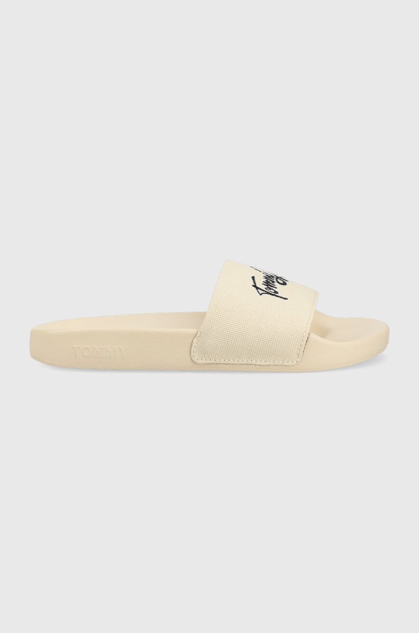 Levně Pantofle Tommy Jeans GRAPHIC POOL SLIDE dámské, béžová barva, EN0EN02178