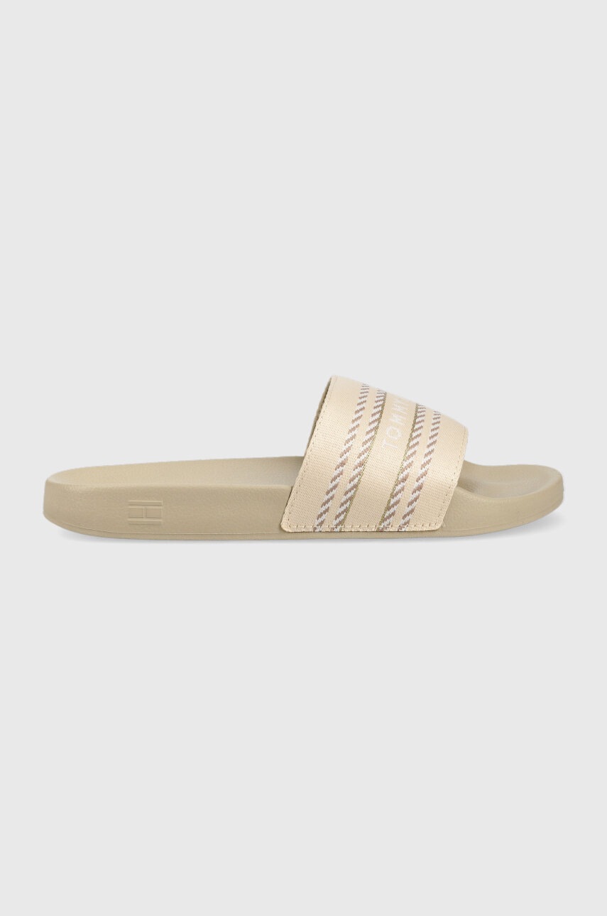 Pantofle Tommy Hilfiger TOMMY WEBBING SLIDE dámské, béžová barva, FW0FW07153 - béžová -  Svršek