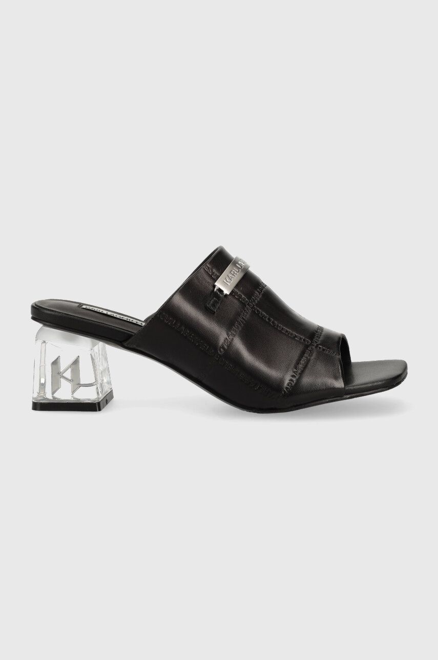 Kožené pantofle Karl Lagerfeld ICE BLOK dámské, černá barva, na podpatku, KL33603 - černá -  Sv