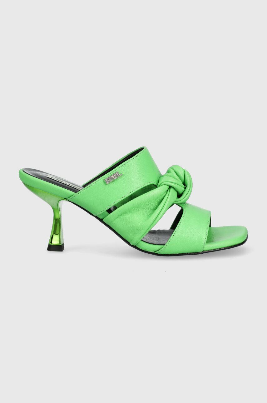Levně Kožené pantofle Karl Lagerfeld PANACHE dámské, zelená barva, na podpatku, KL30126