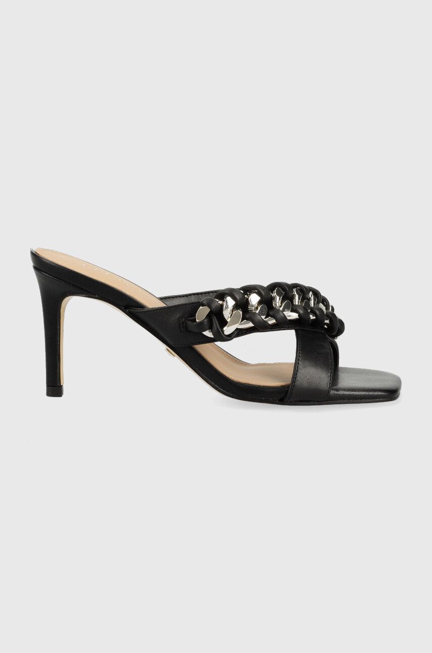 Kožené pantofle Guess VALALY dámské, černá barva, na podpatku, FL6VLY LEA03 - černá -  Svršek: 
