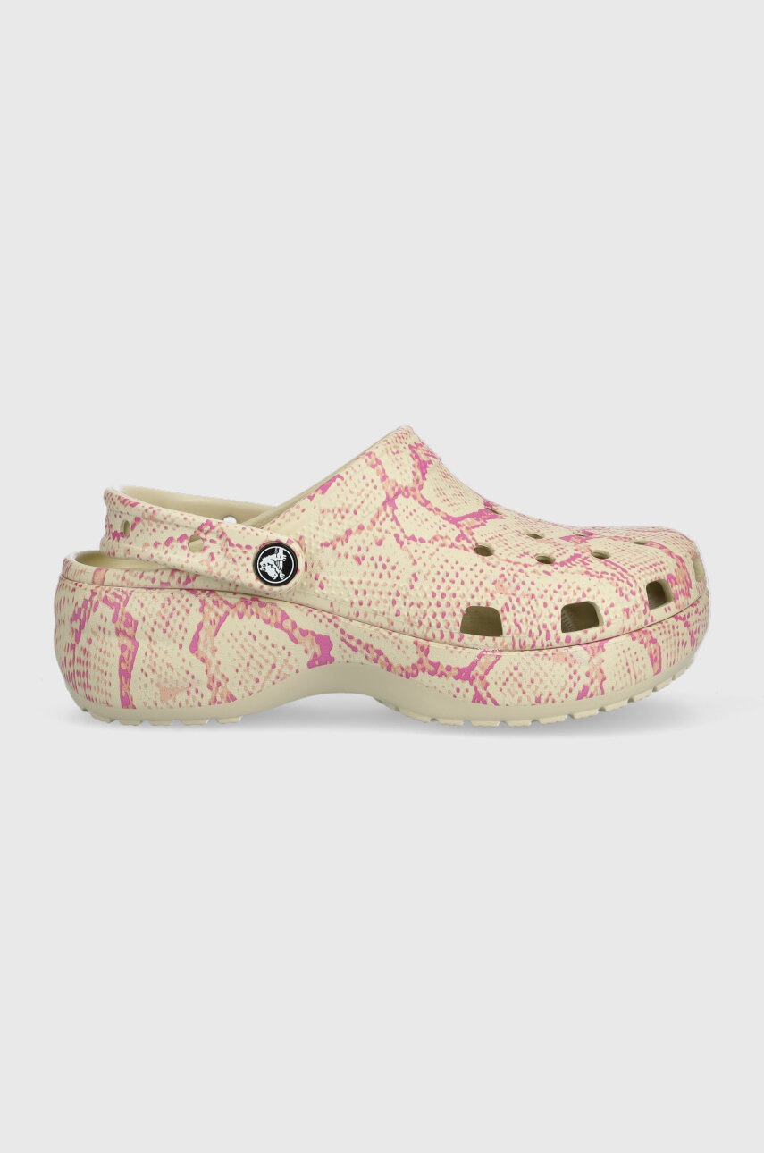 Crocs papuci Classic Platform Snake Print Clog femei, culoarea bej, cu platforma, 208231