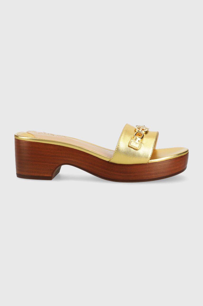 Levně Kožené pantofle Lauren Ralph Lauren ROXANNE dámské, zlatá barva, na podpatku, 802900076001
