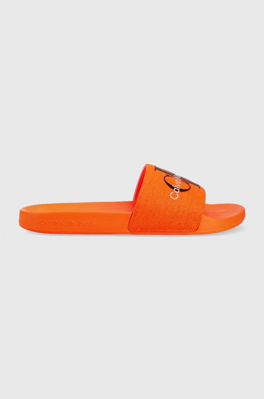 Levně Pantofle Calvin Klein Jeans SLIDE MONOGRAM CO pánské, oranžová barva, YM0YM00061
