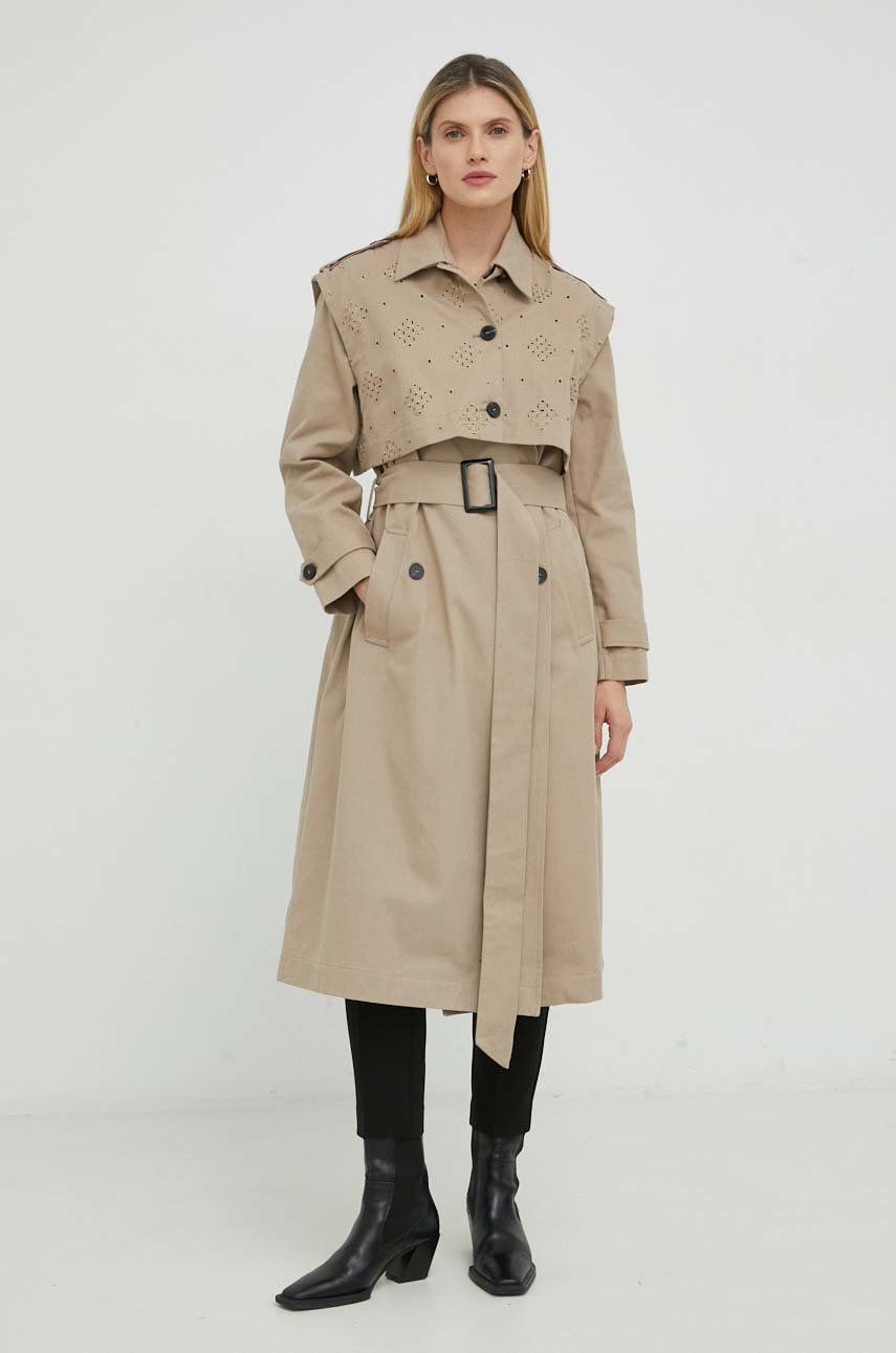 Levně Trench kabát Bruuns Bazaar Campa Iva dámský, béžová barva, přechodný, dvouřadový