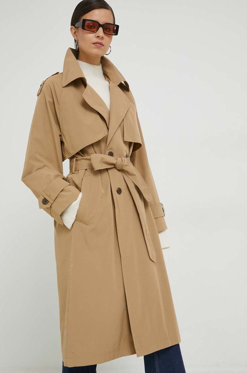 E-shop Trench kabát Abercrombie & Fitch dámský, béžová barva, přechodný, dvouřadový