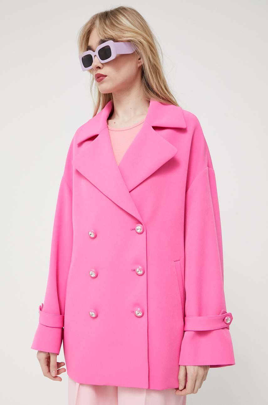 Chiara Ferragni palton femei, culoarea roz, de tranzitie, cu doua randuri de nasturi answear.ro