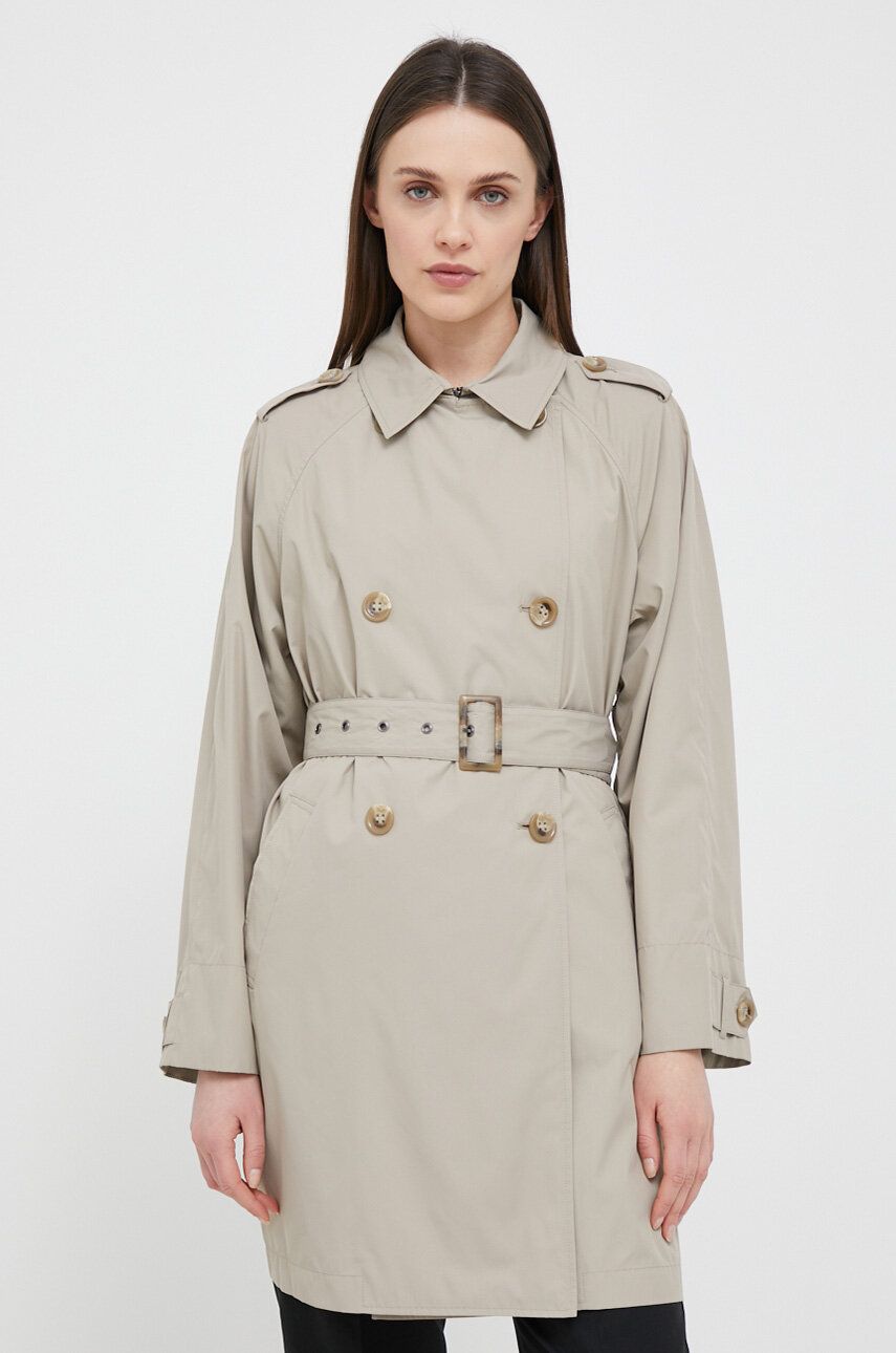Trench kabát Geox dámský, béžová barva, přechodný, dvouřadový - béžová -  100 % Polyester